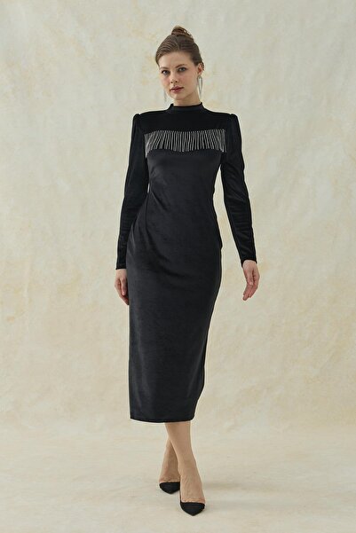 Elbee Fashion Woman Rochie din catifea lungime midi cu detaliu negru strălucitor