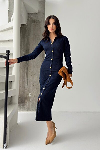 spirituel Kadın Elbise Denim Midi Şık Düğmeli Uzun Kollu Gömlek Yaka Regular Kot Elbise