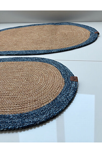 Home Inn Home Textile Blue Edged Wicker Look 2-Piece Oval Bath Mat Set - Handmade