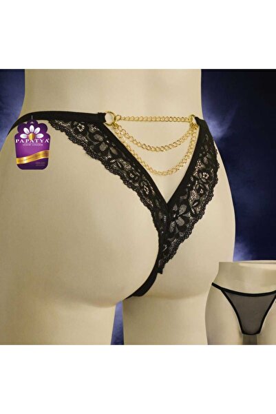 Papatya Ön Tül Arka Dantel Bant Ortası Zincir Tanga