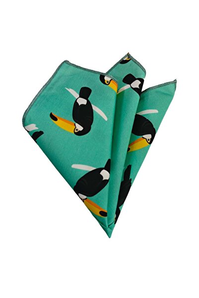 Exve Exclusive Black Crow on Green 100% Cotton Organic Certified Extra Stitched Pocket Collar Handkerchief in the Middle