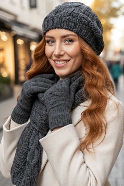 Trenderrs Women's Knitted Patterned Beanie Scarf Gloves Set