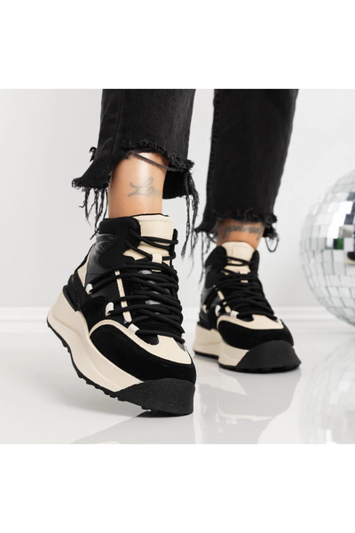 mei Γυναικείες Μπότες LF81182-1 Μαύρο-Κρεμ