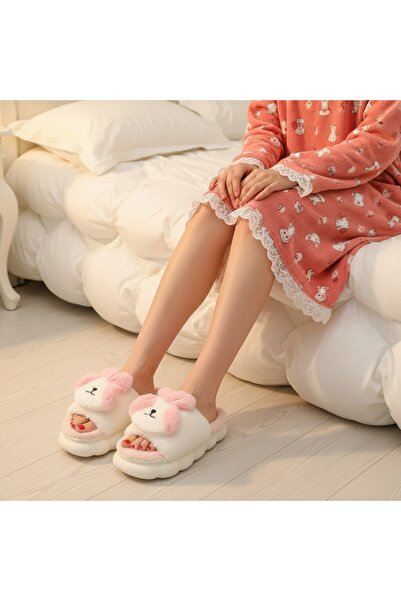 OEM Women's open-toe slippers, fluffy and warm, cheerful Bunny pattern, P2079