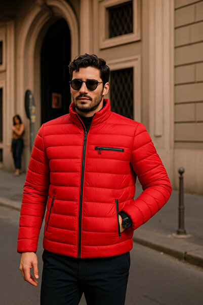 comstar Men's Comfort Zippered Casual Winter Red Puffer Jacket