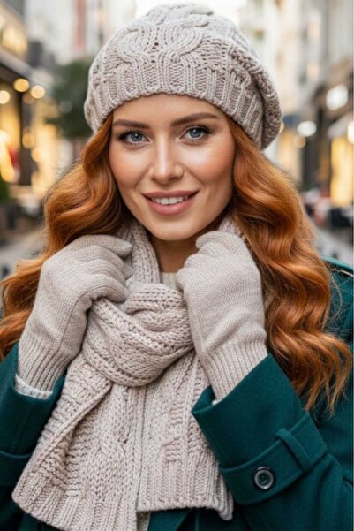 Trenderrs Women's Knitted Patterned Beanie Scarf Gloves Set