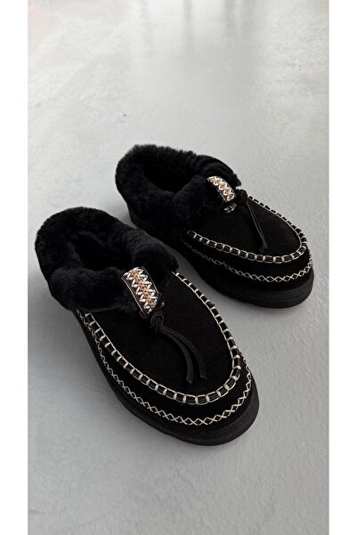 Eataly Shoes Μαύρες γυναικείες παντόφλες μοκασίνι από γνήσιο δέρμα σουέτ με ραμμένη γούνα