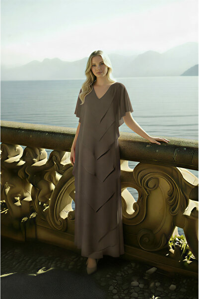 Romina Samara Omuz Dekolteli Volanlı Uzun Abiye Şifon Davet ve Düğün Elbisesi