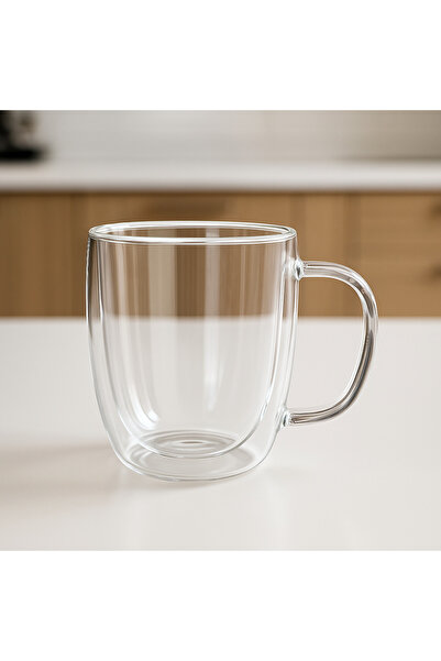 İnterlife Double Wall Heat Resistant Glass Cup with Handle Large Size Mug Mug 400 ml