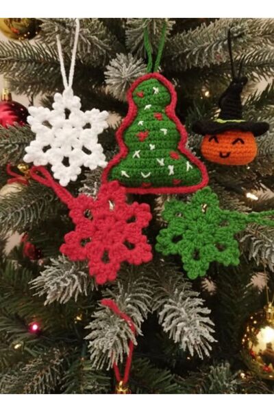 Talinhandmade Hand Knitted 5-Piece Christmas Tree Ornament Set |   Cotton Rop...