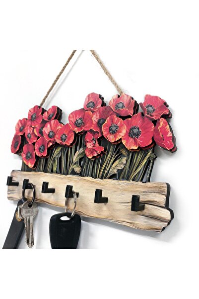 CajuArt Dekoratif Kırmızı Gelincik Çiçek Motifli Katmanlı Askılık Anahtarlık Duvar Dekoru