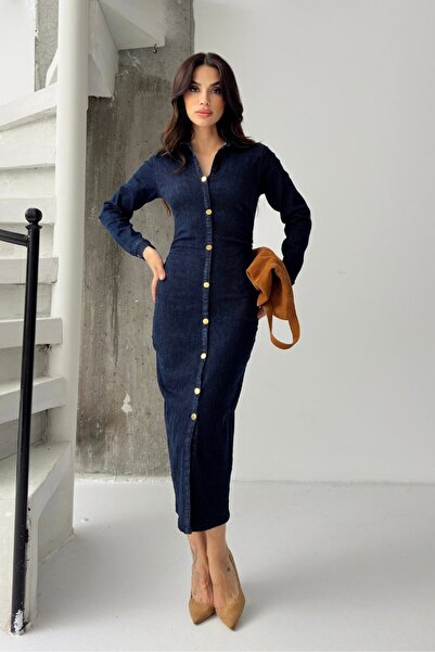spirituel Kadın Elbise Denim Midi Şık Düğmeli Uzun Kollu Gömlek Yaka Regular Kot Elbise