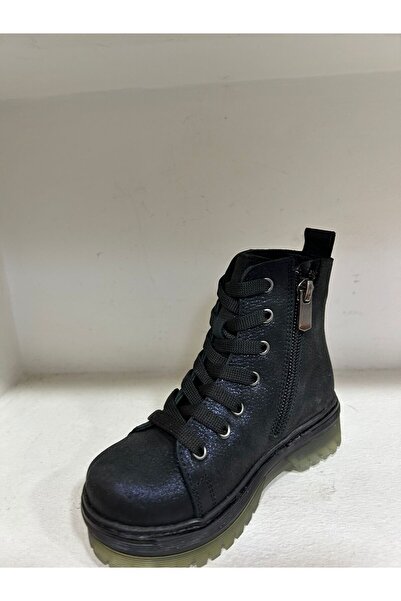 Bağcı Children's Genuine Leather Boots Silvery Navy Blue