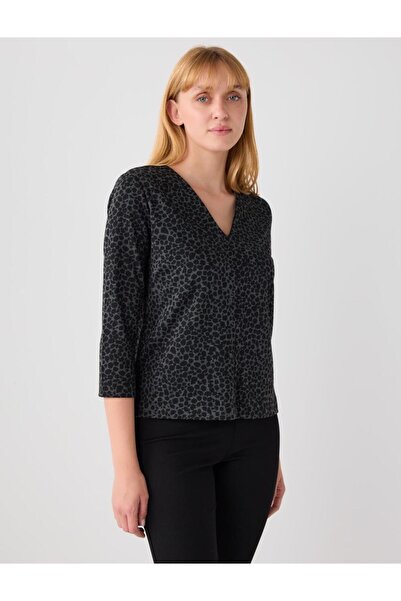 Jimmy Key Siyah V Yaka Leopar Desenli Vatkalı Uzun Kollu Bluz