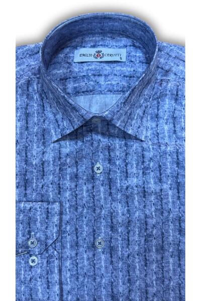 MDZ COLLECTION Mavi Lacivert Şeritli Uzun Kollu Slim Fit Erkek Gömlek