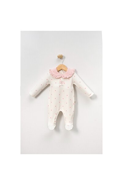 minicayzen Kelebek Nakışlı Puantiyeli Kız Bebek Kadife Tulum