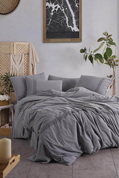 Çeyiz Diyarı Grace 6 Piece 100% Cotton Double Duvet Cover Set Anthracite