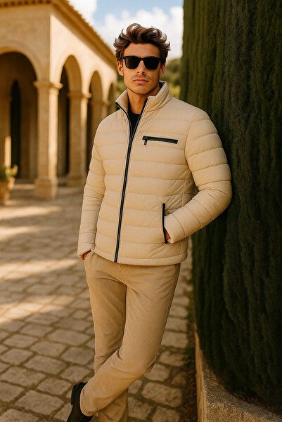 comstar Men's Comfort Mock Neck Casual Winter Cream Puffer Coat