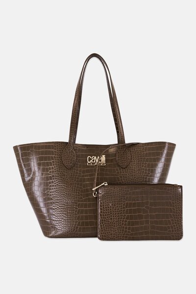 Cavalli Class Women Crocodile Skin Shopper Bag With Pouch, Dark Khaki