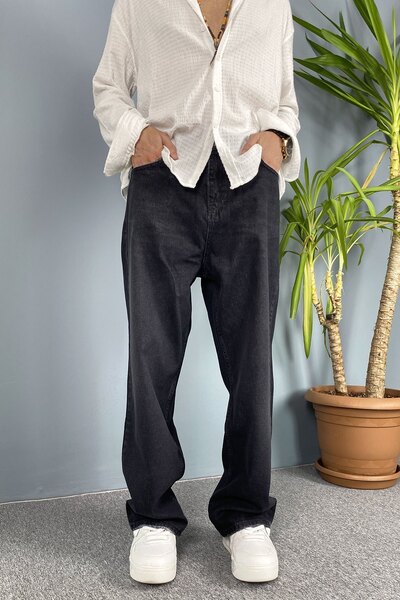 Alışveriş Sokağı Taşlanmış Baggy Fit Jean - Denim Pants Black-Navy Blue