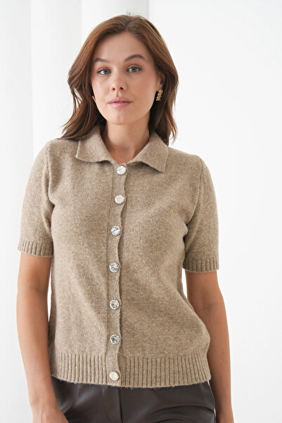 Park Karon Women's Polo Neck Button Detail Short Sleeve Glitter Knit Cardigan