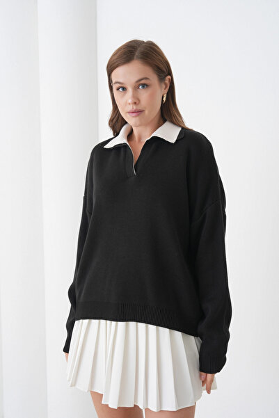 Park Karon Women's Polo Neck Paneled Soft Textured Knitwear Sweater