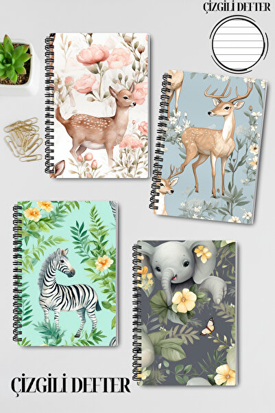 qoeuyl boutique Puppy Cute Animals No:1 Design Wire Spiral A5 Lined 4-Piece Souvenir, Memory, School Notebook Set