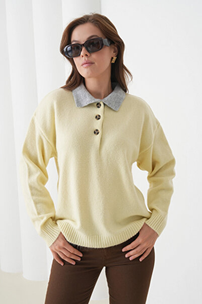 Park Karon Women's Polo Neck Half Placket Buttoned Knit Sweater