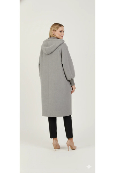 cemo Women's Gray Hooded Balloon Sleeve Zippered Coat Oversized Midi Length Winter Cashmere Coat