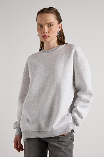 minaaise Femei Gri Melange basic cu fantă supradimensionat 3 fire cu căptușeală din fleece Swea tricou s 30078