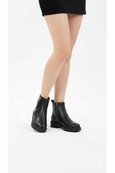 GNY AYAKKABI Women's Black Thermo Sole Zippered Flat Comfortable Sole Ankle Boots
