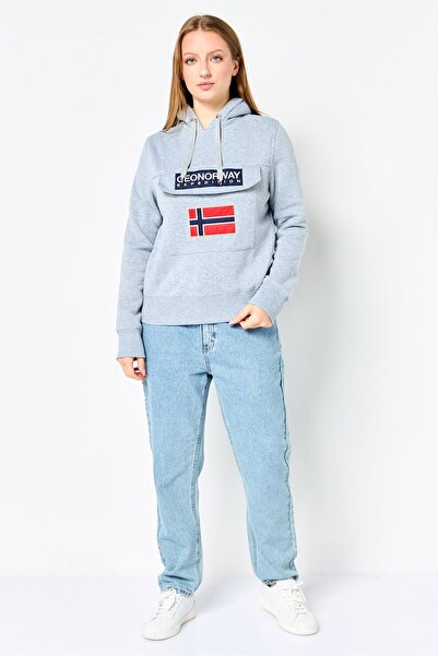 Geographical Norway Women Embroidered Logo Long Sleeve Hoodie, Grey