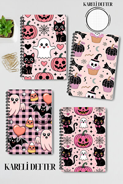 qoeuyl boutique Pink Cute Halloween Themed Design Wirebound A5 Squared 4-Piece Souvenir, School Notebook Set