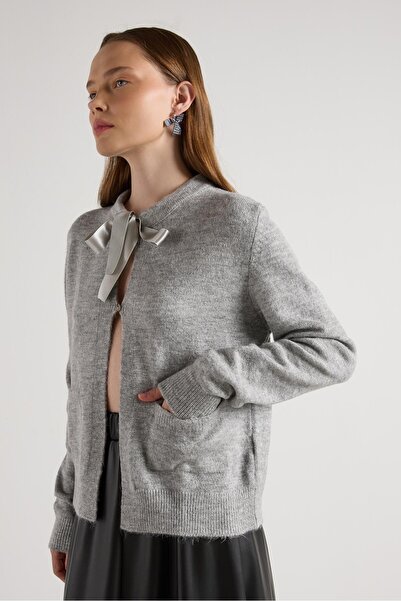 minaaise Women's Gray Ribbon Detailed Short Design Cardigan 30034