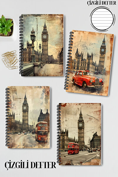 qoeuyl boutique Set de caiete vintage cu design Londra, cu spirală, A5, cu linii, 4 bucăți, pentru amintiri, memorii, școală