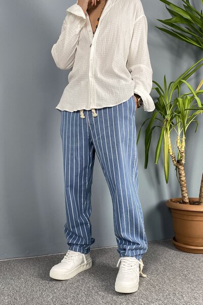 Alışveriş Sokağı Blue Jean Jogger Relaxed Fit Denim Pants with Lace-Up Cuffs