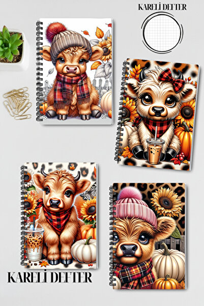 qoeuyl boutique مجموعة دفاتر ملاحظات مدرسية تذكارية من 4 قطع بتصميم بقرة لطيفة ذات طابع خريفي، مقاس A5 مربع الشكل