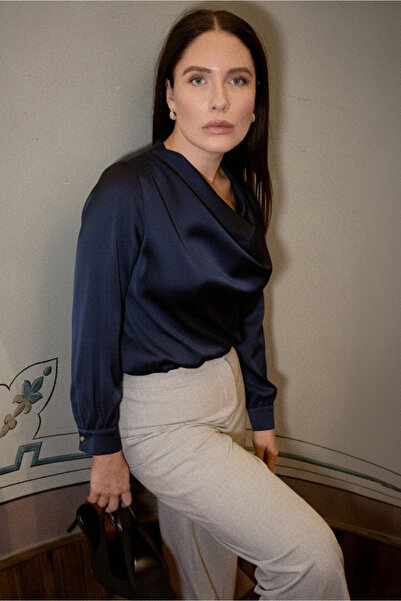 RUSK Kadın Büyük Beden Degaje Yaka Lacivert Krep Bluz