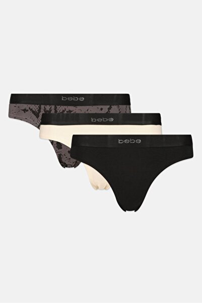 Bebe Women 3 Packs Graphic Print Thong Panty Set, Multicolor