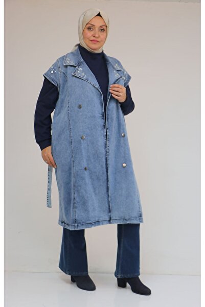 Eslina 44010 Plus Size Denim Vest with Stone Detail on Collar and Shoulders - Blue