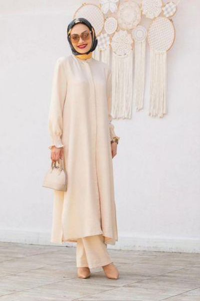 Tesettür Diyarı Σετ λινό 2 τεμαχίων με μακρύ τουνίκ με κουμπιά