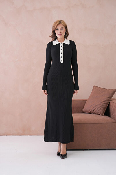 Park Karon Women's Polo Neck Button Detail Ribbed Knit Long Knitwear Dress