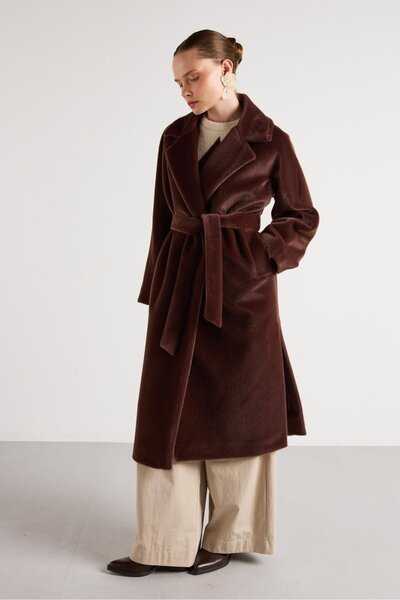 minaaise Women's Brown Short Plush Lined Belted Long Design Coat 30043