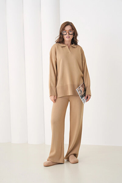 Park Karon Women's Polo Neck Slit Oversized Sweater Palazzo Pants Knitwear Bottom-Top Set