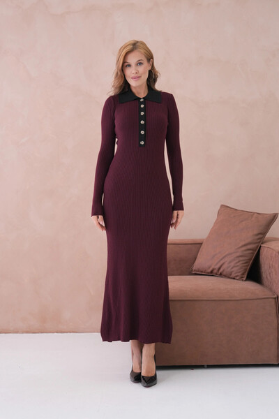 Park Karon Women's Polo Neck Button Detail Ribbed Knit Long Knitwear Dress