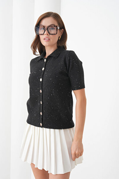 Park Karon Women's Polo Neck Button Detail Short Sleeve Glitter Knit Cardigan