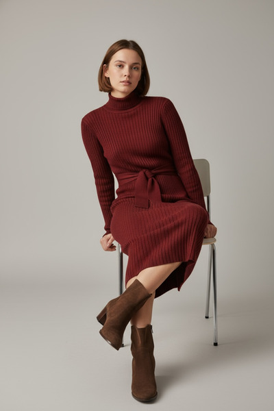 NEWCO Γυναικείο κοτλέ πλεκτό φόρεμα μίντι με ζώνη με ψηλό γιακά, μακρυμάνικο