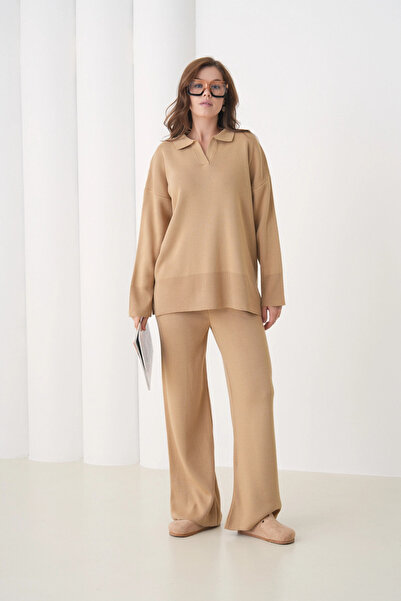 Park Karon Women's Polo Neck Slit Oversized Sweater Palazzo Pants Knitwear Bottom-Top Set