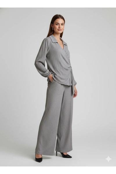 cemo Women's Double-Breasted Blouse and Wide Leg Pants Two-Piece Set Wrinkled Fabric Stylish Set