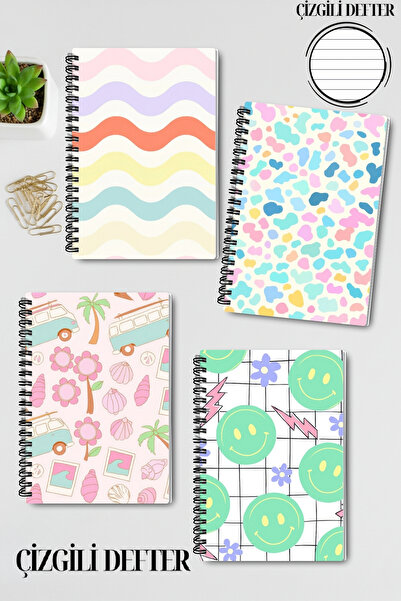 qoeuyl boutique Pastel Retro Themed Design Wire Spiral A5 Lined 4-Piece Souvenir, Memory, School Notebook Set